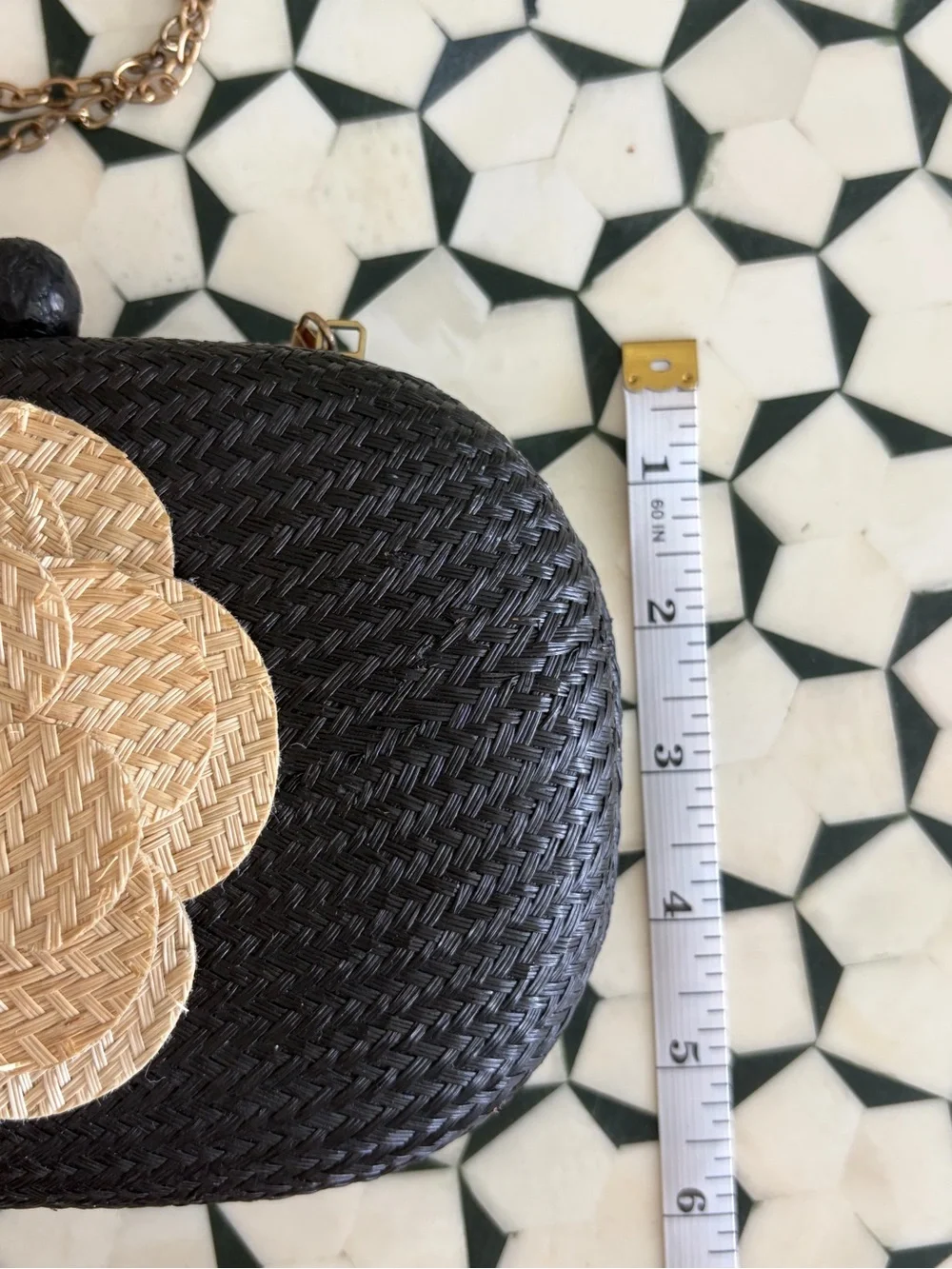 Black Woven Clutch with Natural Straw Flower Accent